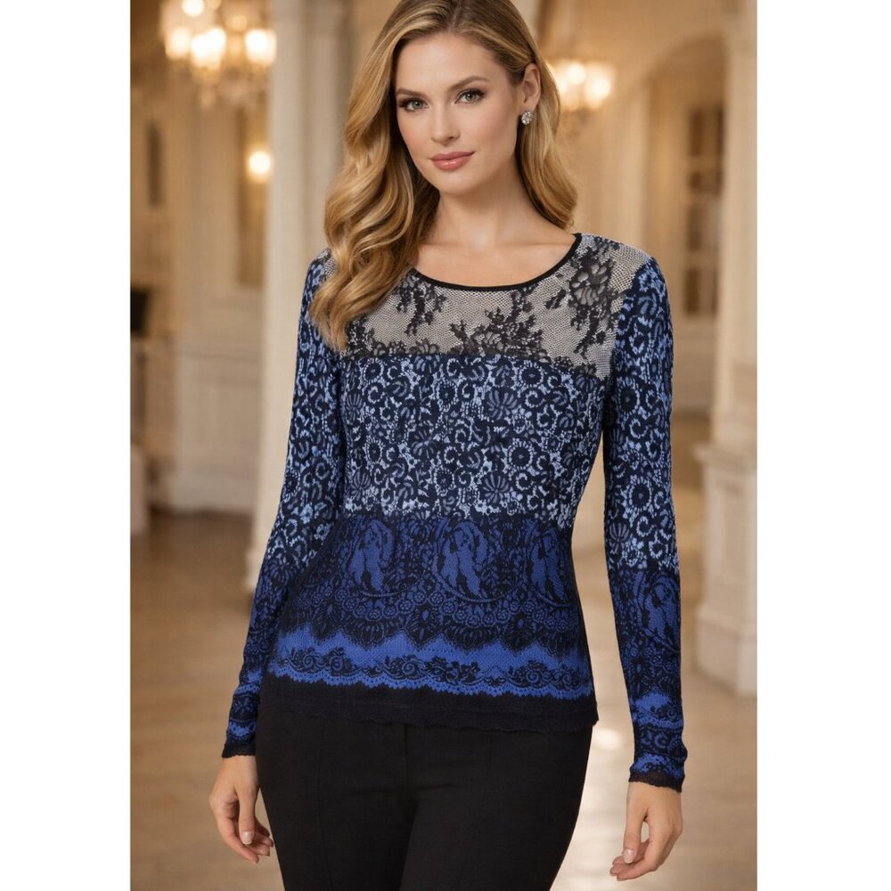 NIC+ZOE Textured Knit Sweater Lace Print Blue Ombre Gradient Pullover size L